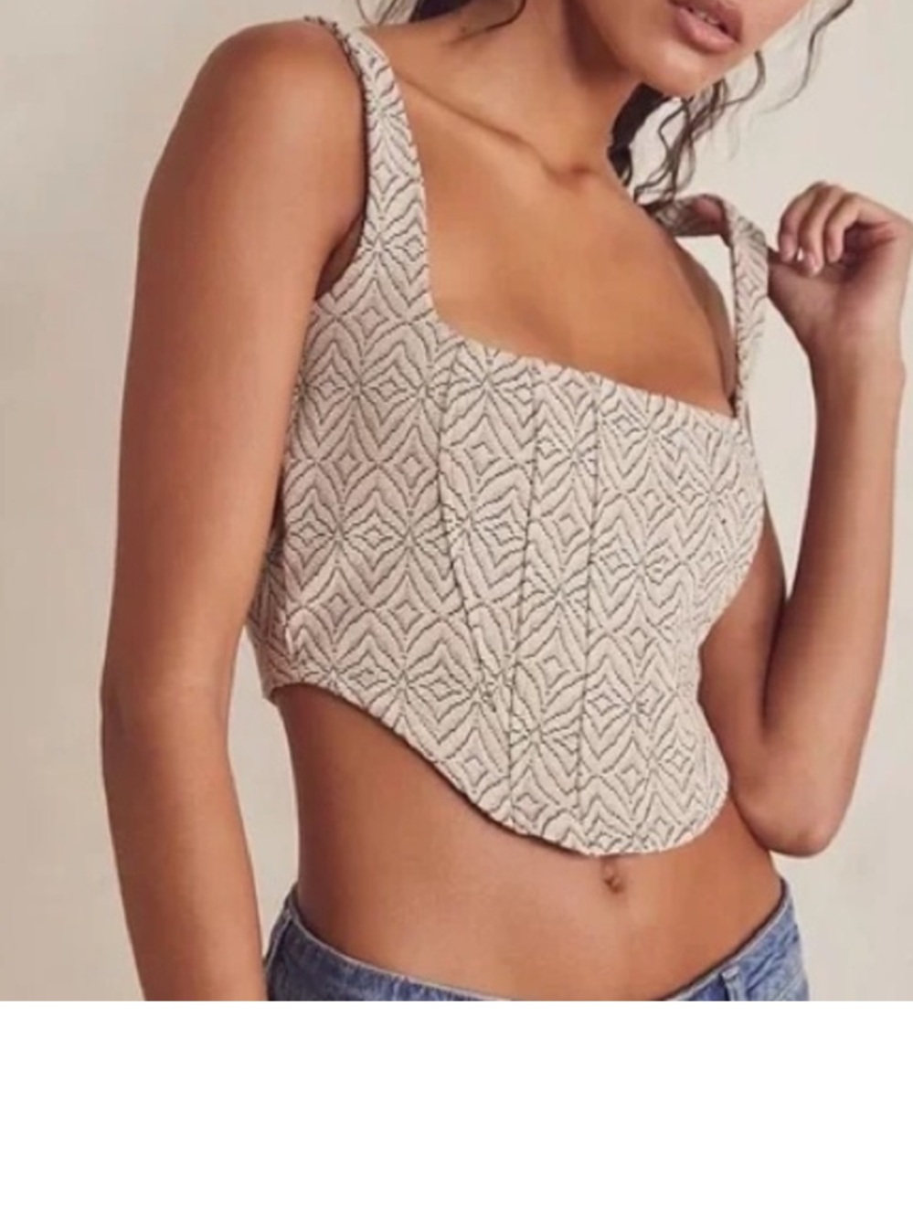 Free People Cream Textured Geometric Corset Cropped Top
